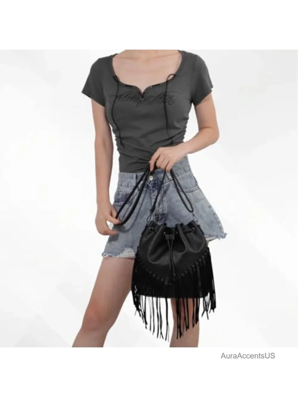 Fringe Bucket Bag Vegan Faux Suede Leather Crossbody Hobo Purse